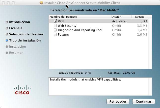 Instalación personalizada > Nombre del paquete: VPN. Continuar