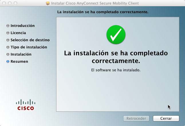 La instalación se ha completado correctamente: Cerrar