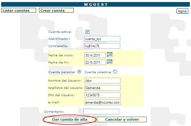 Formulario de creación de cuenta personal con los campos rellenados y el botón Dar cuenta de alta seleccionado