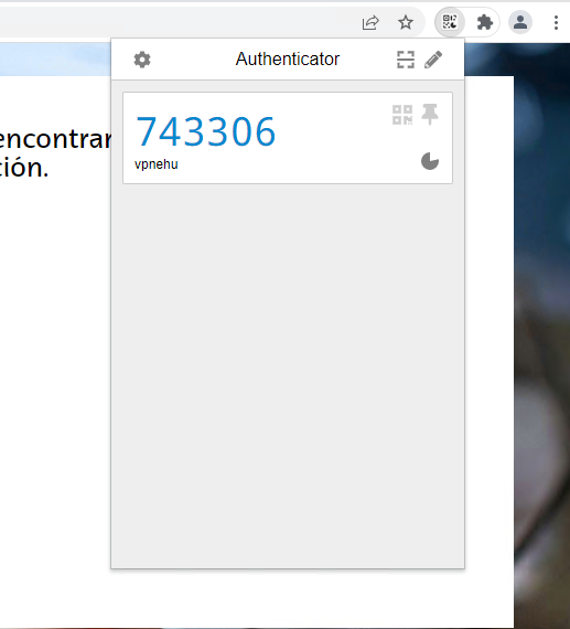 Authenticator gehigarriak 743306 kodea erakusten du vpnehu kontuan