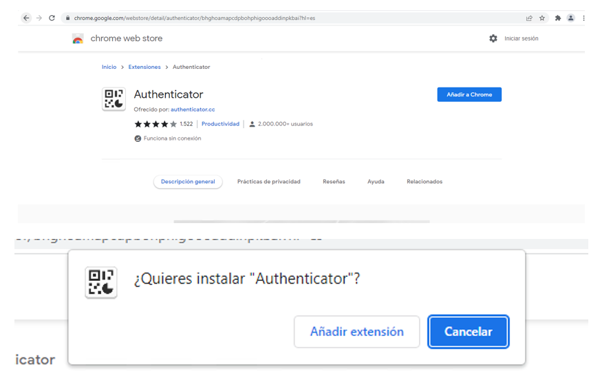 Chrome-ri "Authenticator" gehigarria gehitu, eta, instalatu nahi dugun galdetzean, hautatu "Gehitu gehigarria"