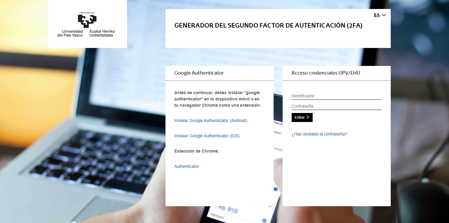 Bigarren autentifikazio-faktorea sortzeko orrialdea (2FA), Authenticator deskargatzeko estekekin eta UPV/EHUko kredentzialak sartzeko eremuekin